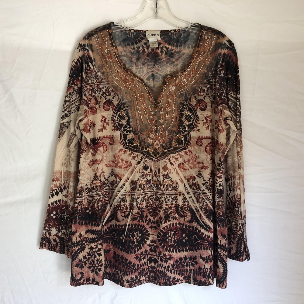 Chico's Shirt Womens 2 Multicolor Paisley Beaded Embroidered Boho Tunic Top